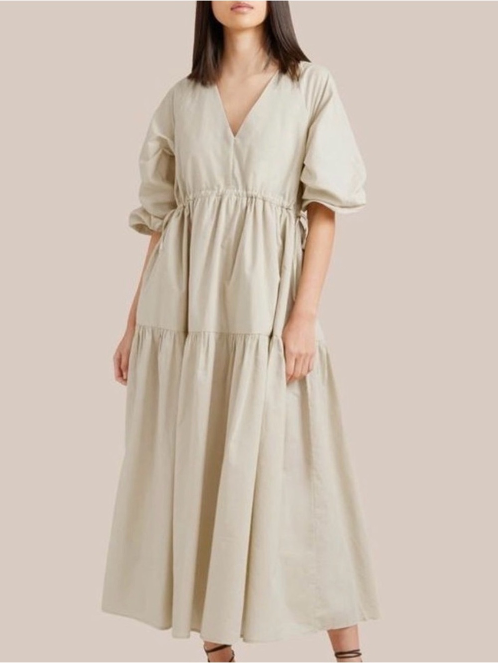 Modern Citizen Lira Tan Drawstring Waist Tiered Maxi Dress